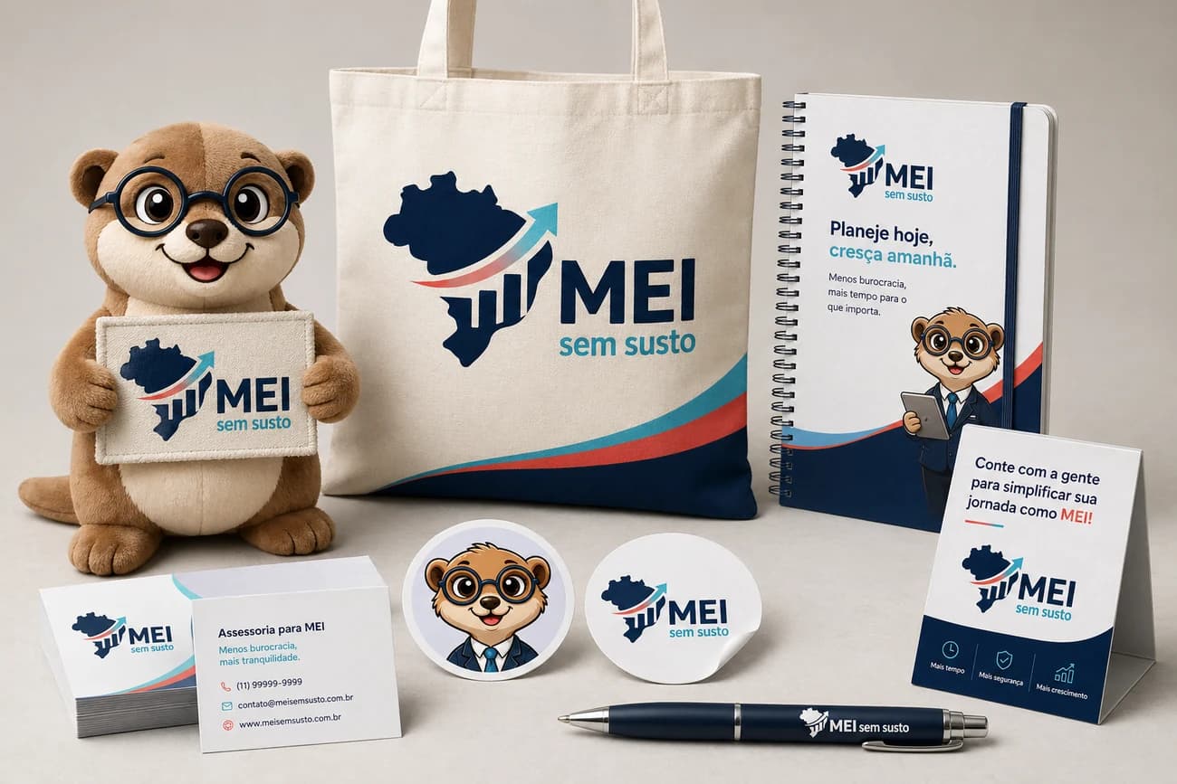 Aplicações de marca do MEI Sem Susto com mascote, bolsa, caderno e cartões